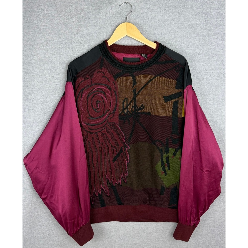 Saxony Vintage 100% Silk Abstract Floral Knit Mixed‎ Media Sweater Mens L 3D